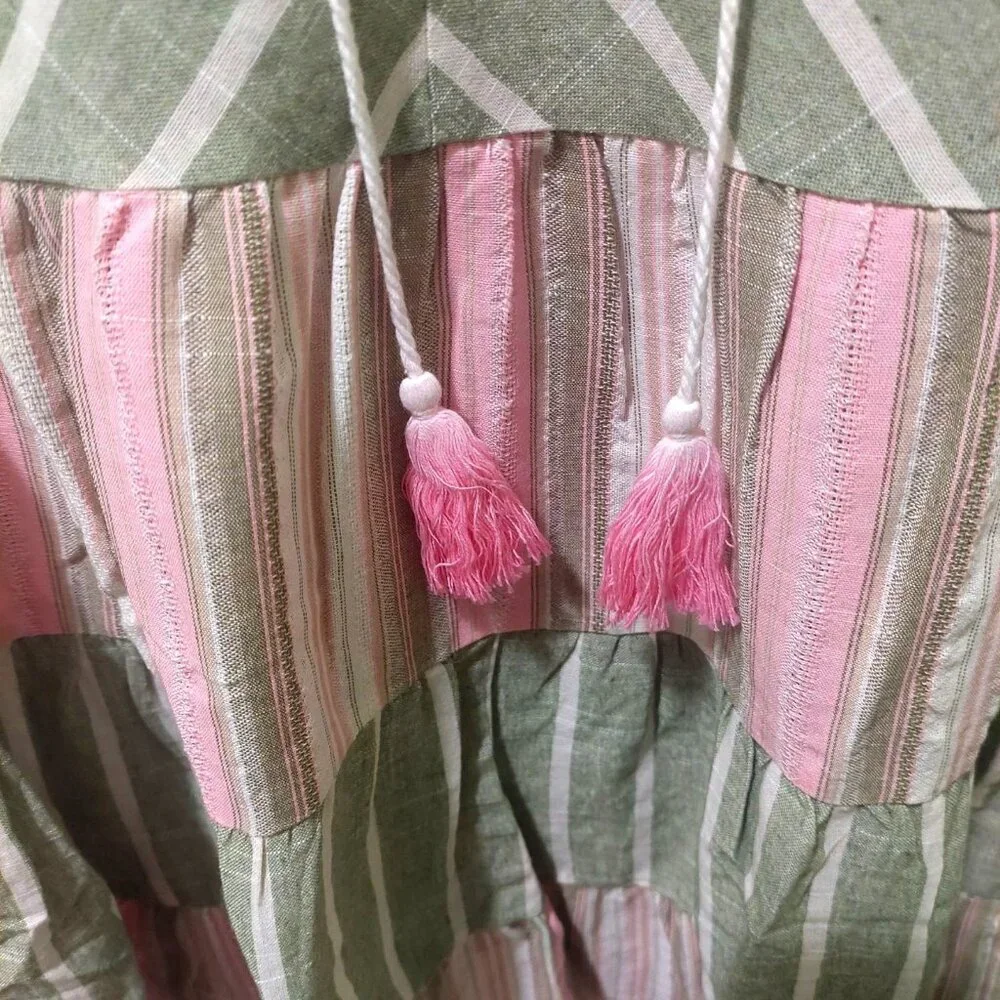 NWT Voy Striped Green & Pink Ruffle Sleeve Tiered Dress Size Small - Picture 5 of 8